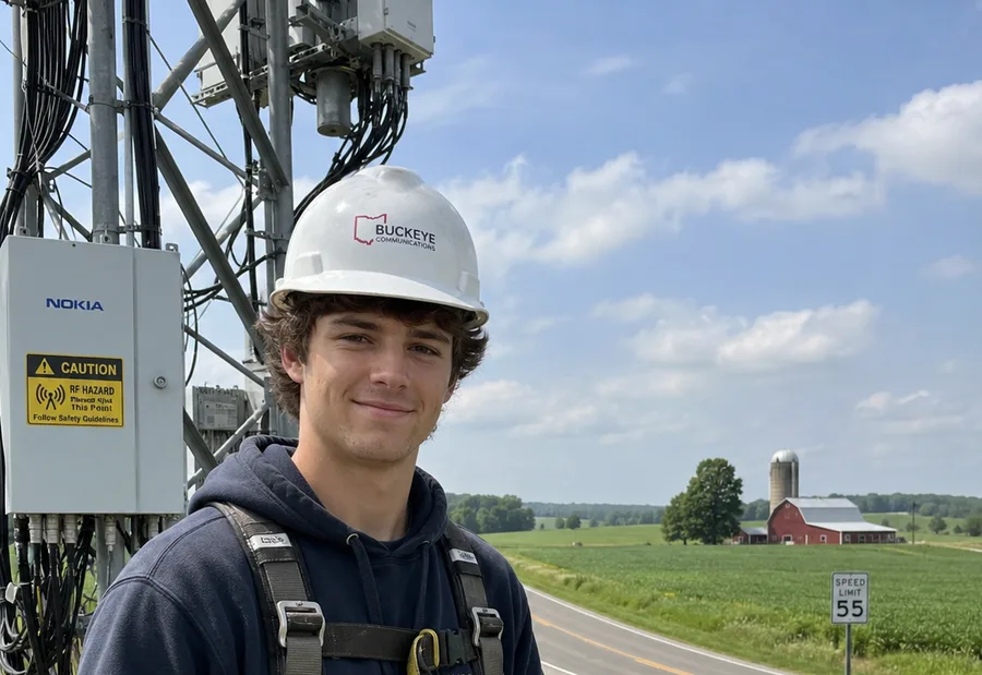 A young apprentice on site in a hard hat, coiling cable.