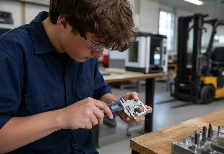 A student operating a small forklift inside a school shop bay while an instructor looks on.
