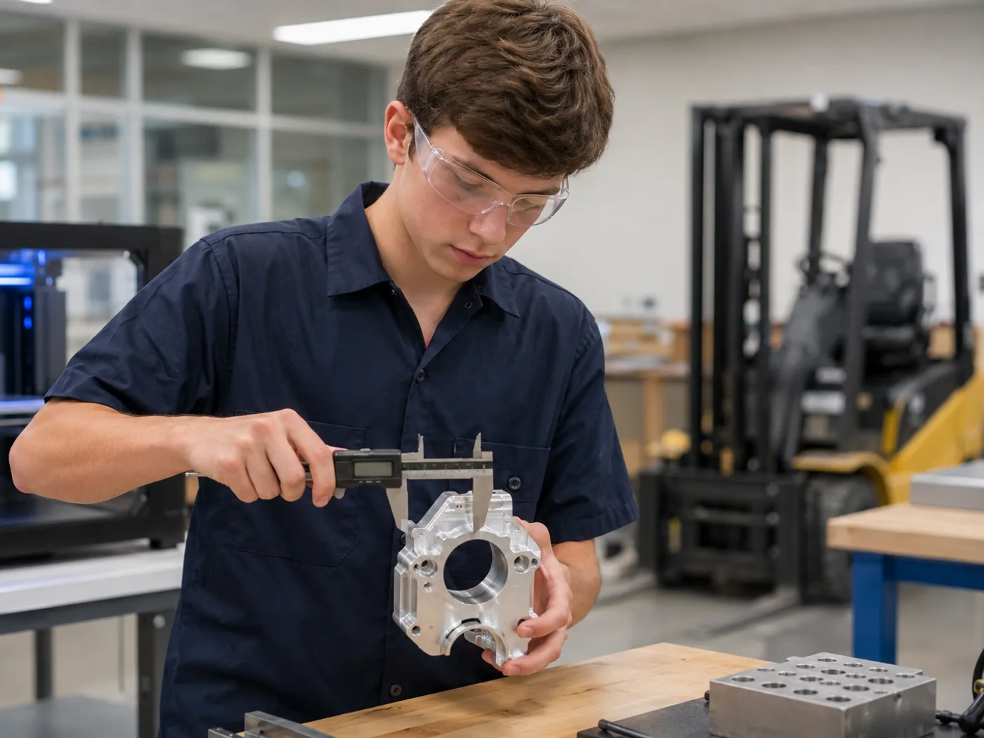 A student in safety glasses measuring a machined metal part with digital calipers at a workbench.