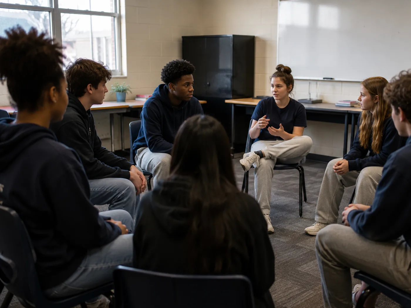 High school students in a classroom discussion circle.