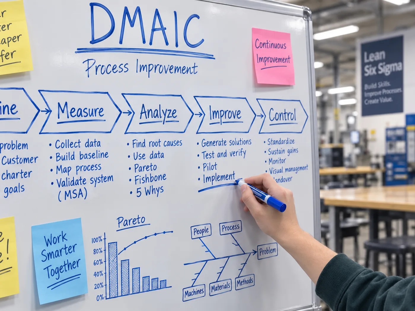 A hand drawn process map on a whiteboard with sticky notes, a marker in hand.