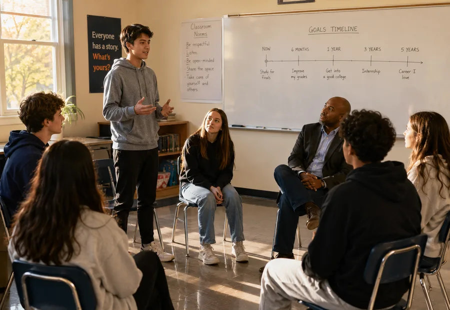 High school students seated in a classroom discussion circle, one student standing and speaking.