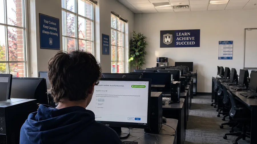 Rows of desktop computers in a school lab, a student seen from behind taking a certification exam.