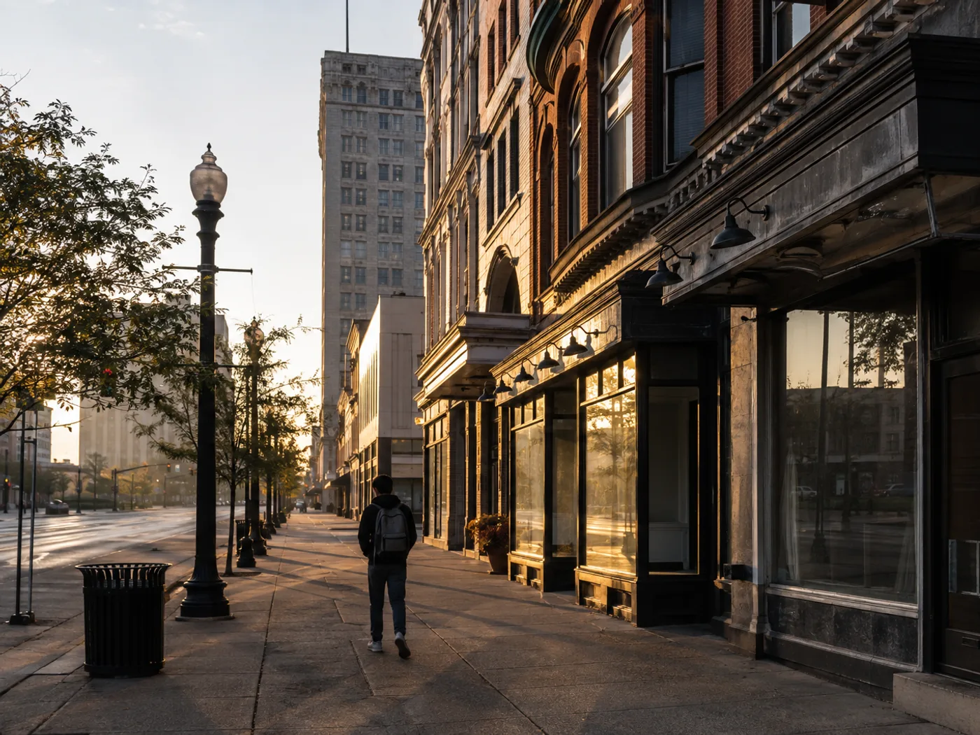 A brick downtown block in Youngstown, Ohio, early morning.