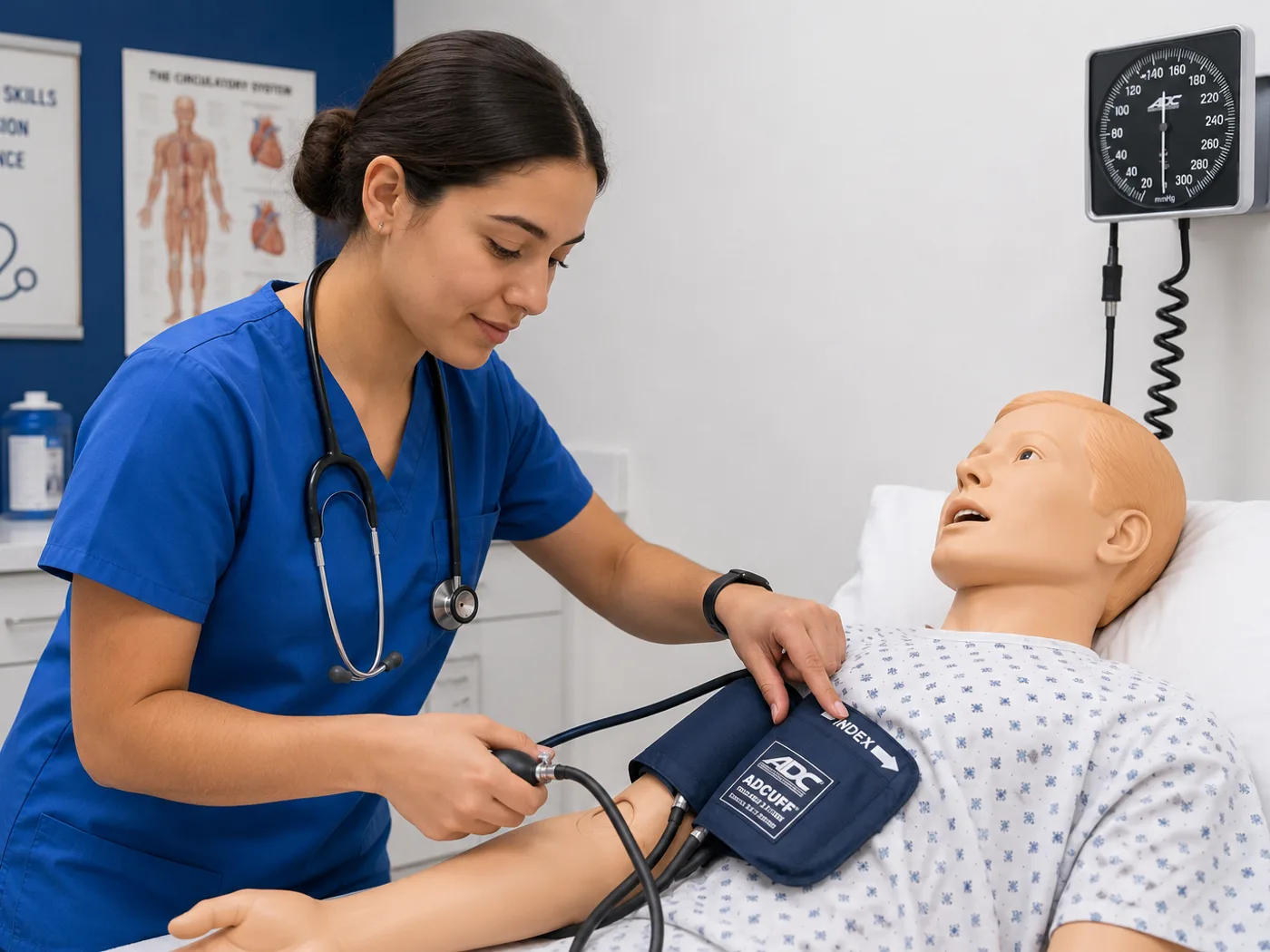 A student in scrubs practising blood pressure measurement in a training clinic.