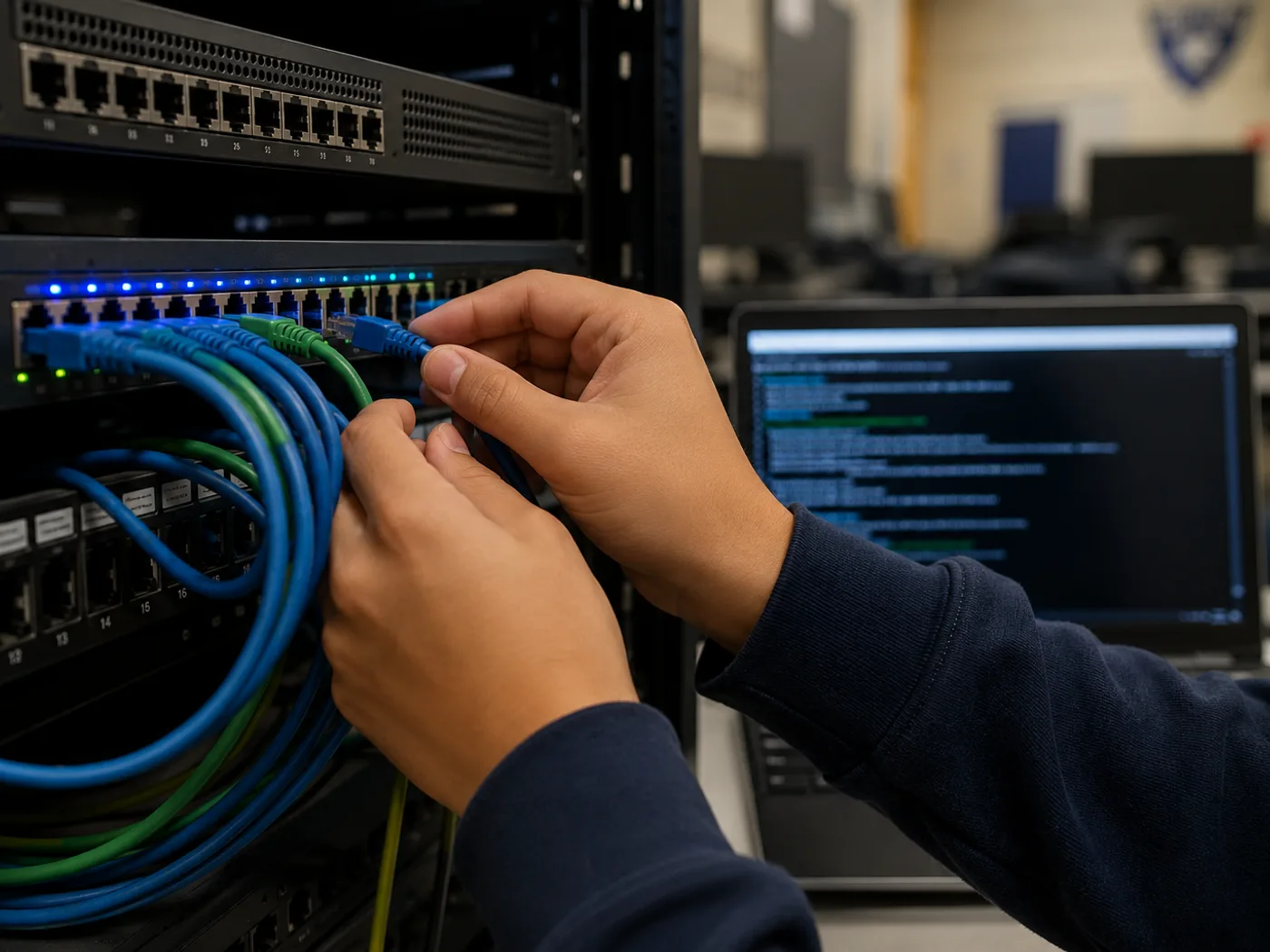 A student's hands patching cables into a network switch in a classroom lab.