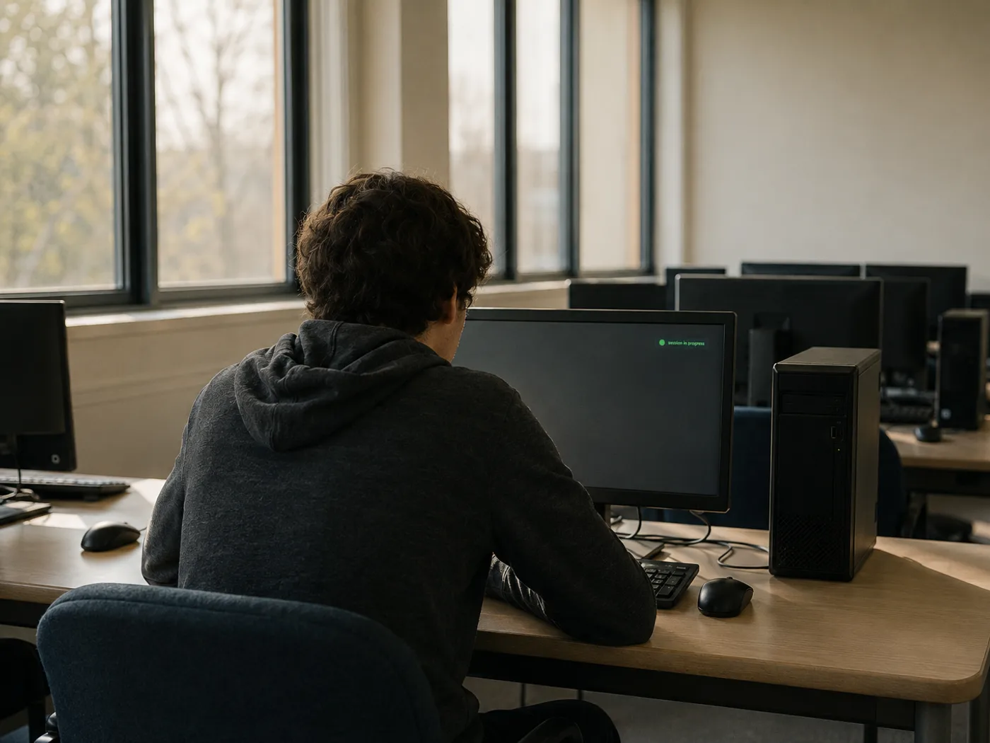 A student working at a computer in a college lab.